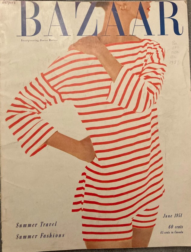 1950s vintage magazine: June 1951 Harper's Bazaar featuring stories on 'Summer Travel & Summer Fashions'. Novelty striped shirt & shorts on the cover