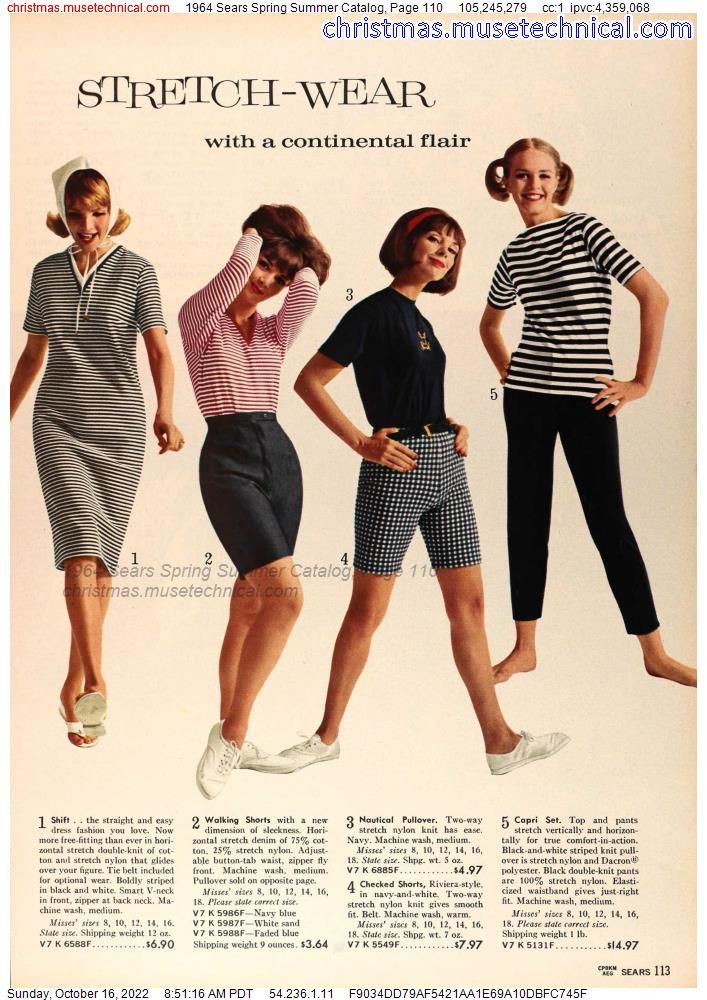 1960s vintage catalog page from 1964 Sears Spring / Summer Catalog featuring women's Stretch clothing made out of stretch nylon. Stretch Denim shorts and stretch nylon knit shorts are featured as well as stretch capri pants and a shift dress. 