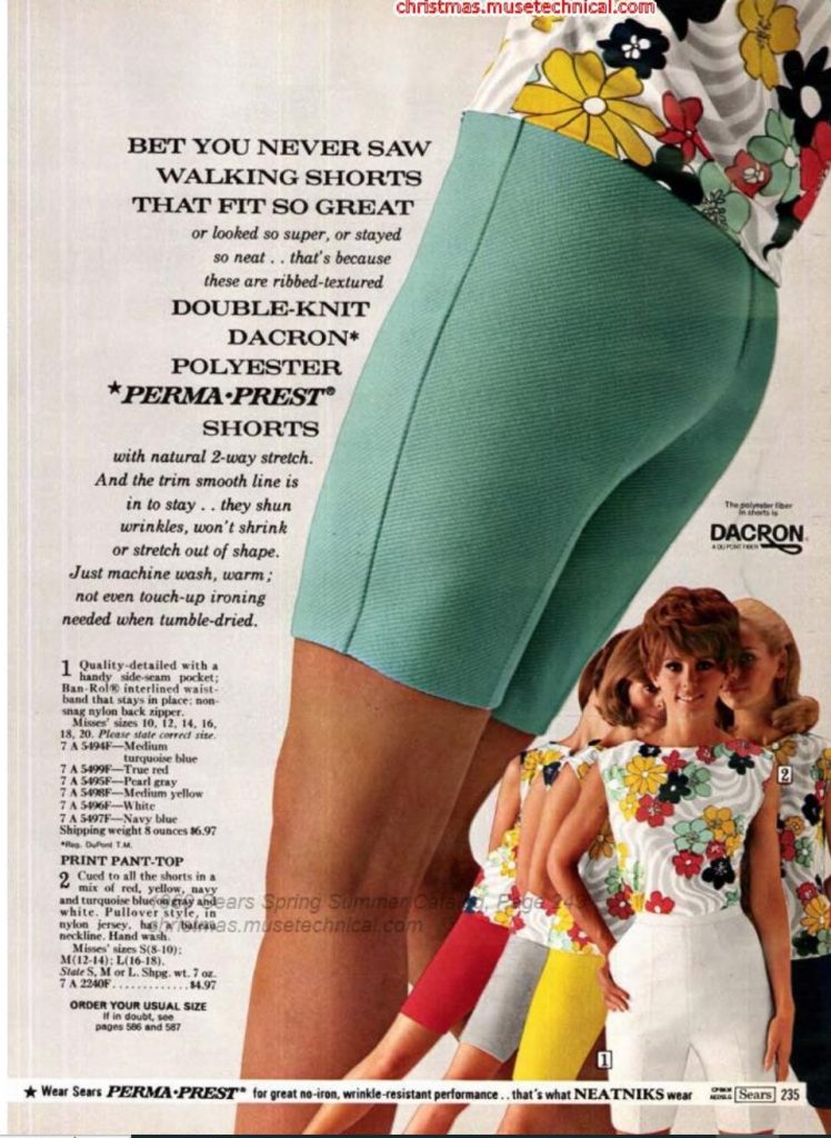 1960s fashion / 1960s Women's Summer Style, Walking Shorts as seen in a 1969 Sears Spring / Summer Catalog. 
