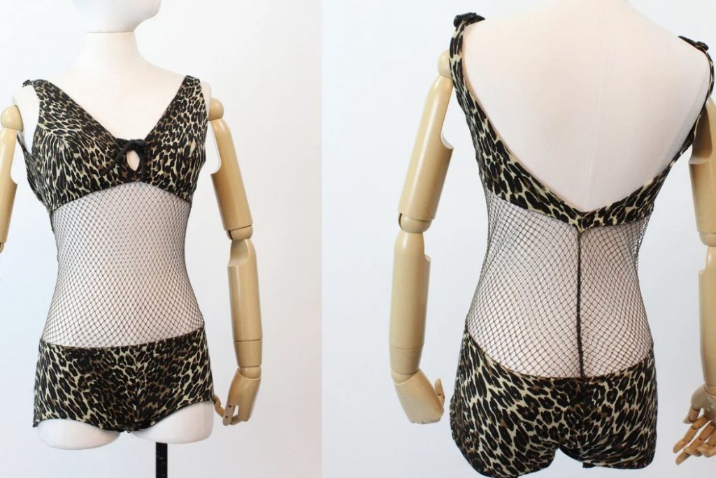 1960s Fashion: 1964 leopard print "Scandal Swimsuit" from Cole of California. Image from Etsy-NapaValleyVTG