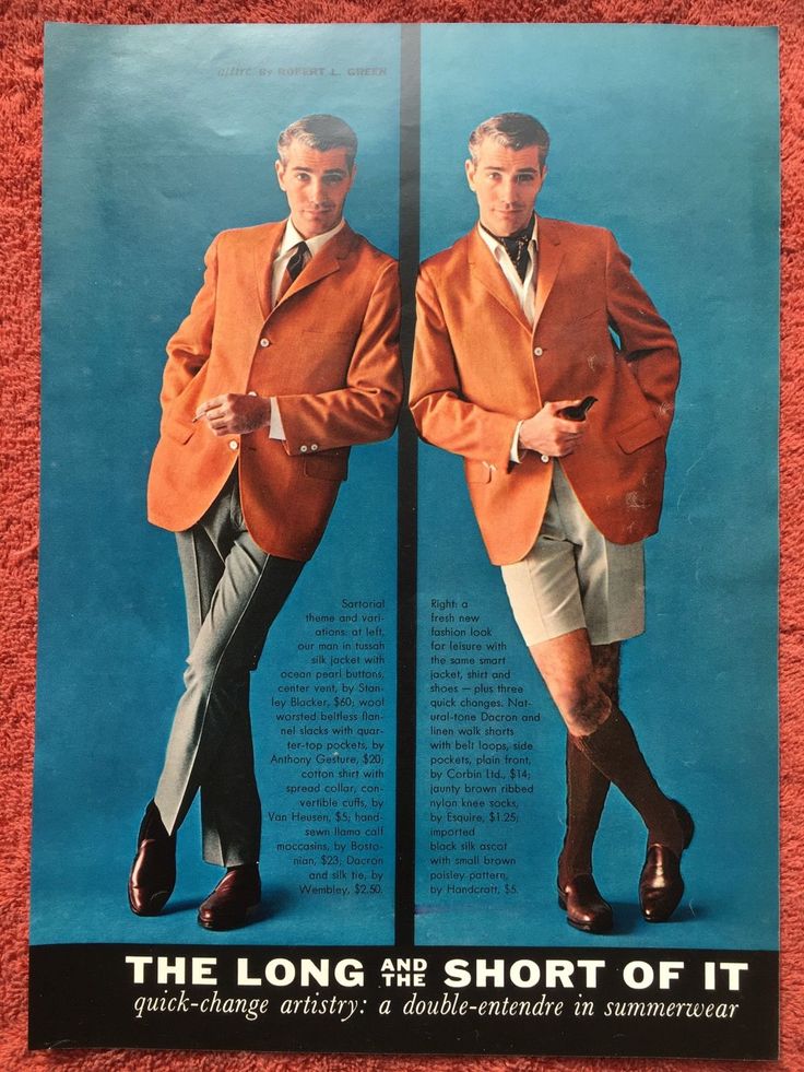 1960s Fashion for Men: "The Long and the Short of It". 1962 vintage ad for Men's Summer wear from Robert L. Green featuring a visual example of how to take a suit and turn it into a casual summer look with shorts. Do you like?