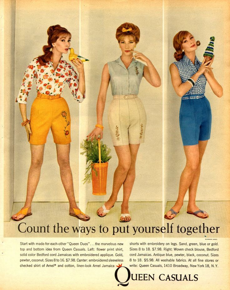 1960s vintage fashion ad for 'Queen Casuals' featuring Bedord cord Jamaica's (Bermuda shorts) with embroidered applique (and without) and Linen-look Jamaica shorts. Cute vintage summer style. 