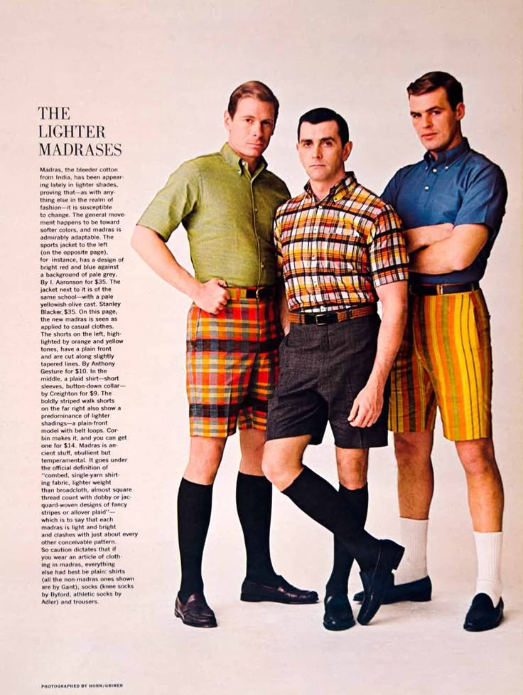 1960s Fashion for Men: 1963 vintage ad for "The Lighter Madrases" a bleeder cotton from India. The ad features men's Bermuda shorts in plaids, stripes and solids.