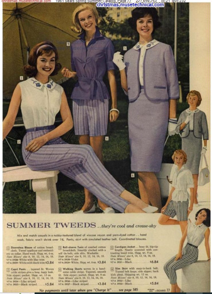 1960s Fashions / 1960s Summer Style: 1961 Sears Spring / Summer Catalog. Women's Summer Tweeds..."they're cool and crease-shy". The catalog page features 'walking shorts' in lilac stripped & black stripped. 