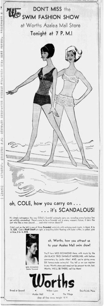 1960s Vintage advertisement for a fashion show featuring the scandal suit from Cole of California. 