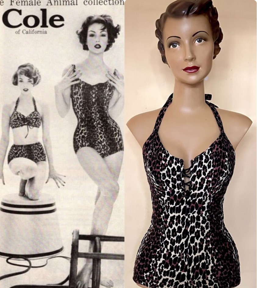 1960s Fashion / 1960s Beach Wear: A 1960s Cole of California leopard print one piece swimsuit with matching 1960s vintage advertisement. 