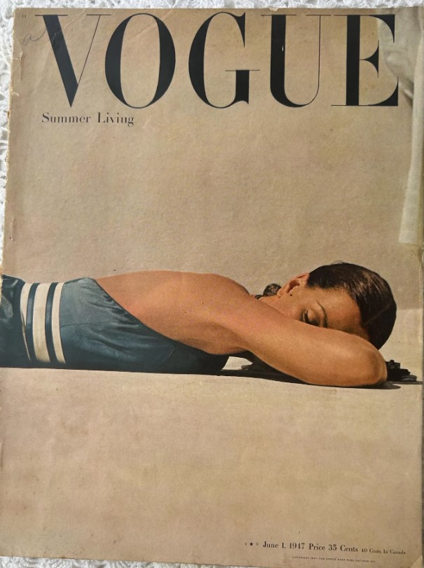 1940s vintage magazine cover: "Summer Living" Vogue June 1st, 1947 magazine cover featuring a woman laying down and enjoying the sun.