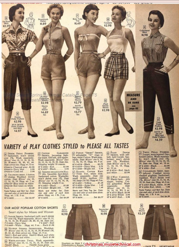 1950s Fashions / 1950s Summer Fashions for women as seen in a 1955 Sears Spring/Summer catalog. Pedal Pushers, shorts, short shorts and cute tops. Perfect vintage Summer Style! 