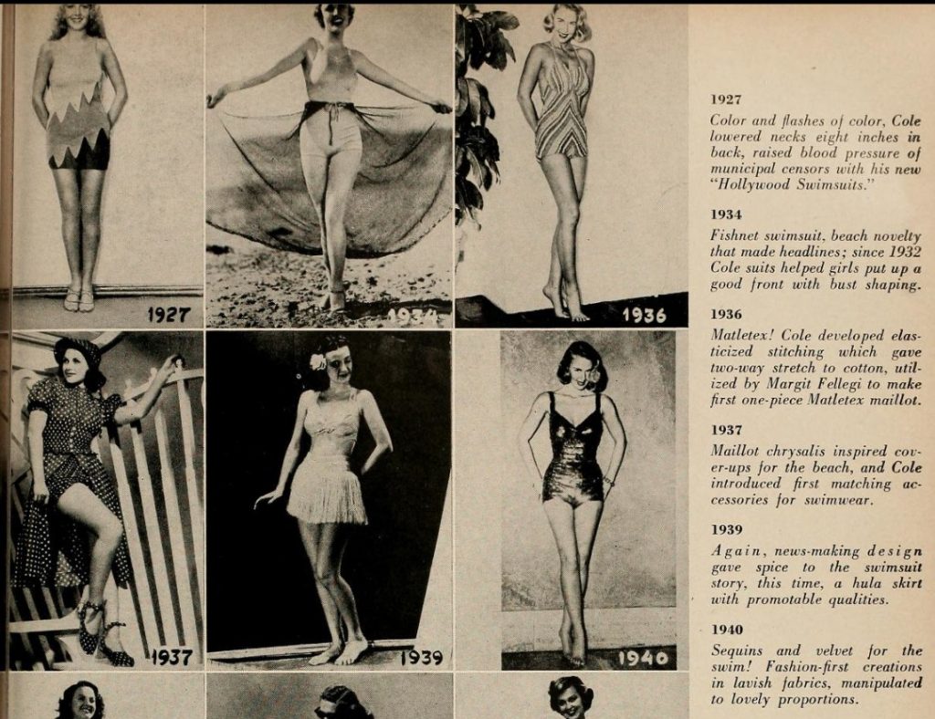 1920s-1940s vintage swimsuits for women-evolution of the Cole of California Swimsuit as seen in the magazine 'The Californian' 1946. 1940s fashions for the beach.