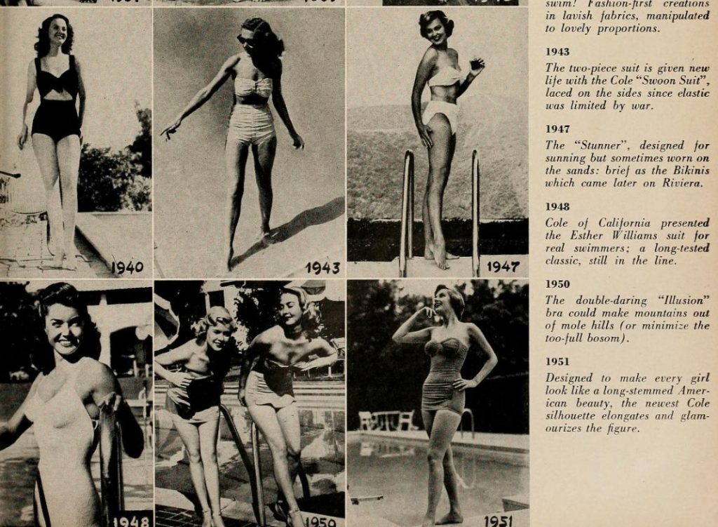 1940s-1950s vintage swimsuits for women-evolution of the Cole of California Swimsuit as seen in the magazine 'The Californian' 1946. 1940s fashions for the beach.
