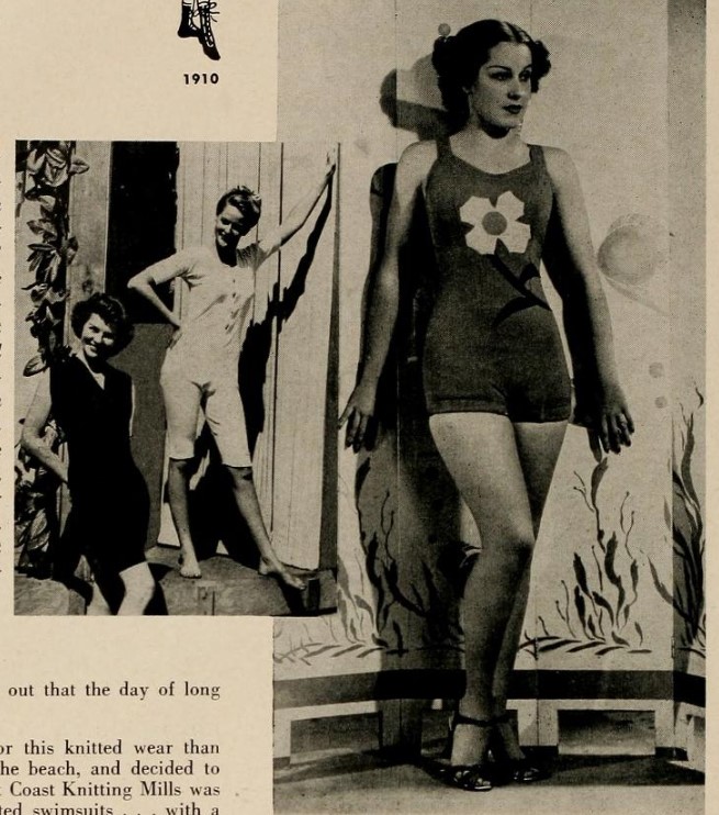 1940s vintage photo of a 1925 Swimsuit (on the right) by Cole of California, called "The Hollywood Swimsuit". 