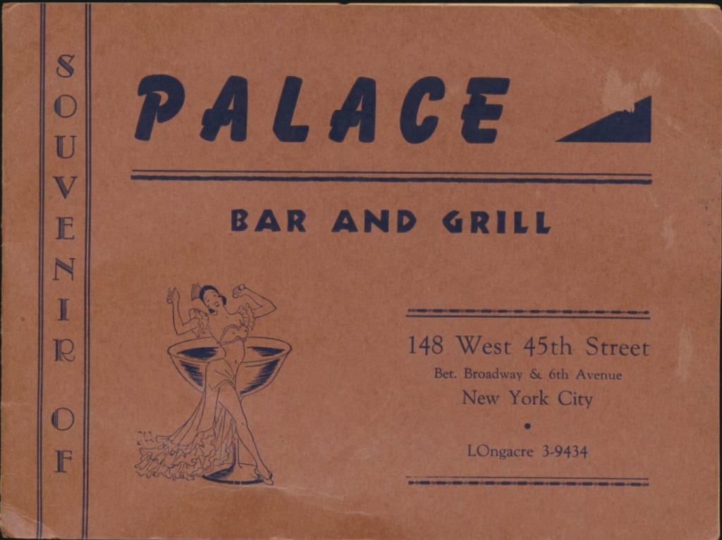 1940s souvenir photo cover from Palace Bar and Grill in New York City featuring an illustration of a Spanish woman dancing in front of a cocktail. 