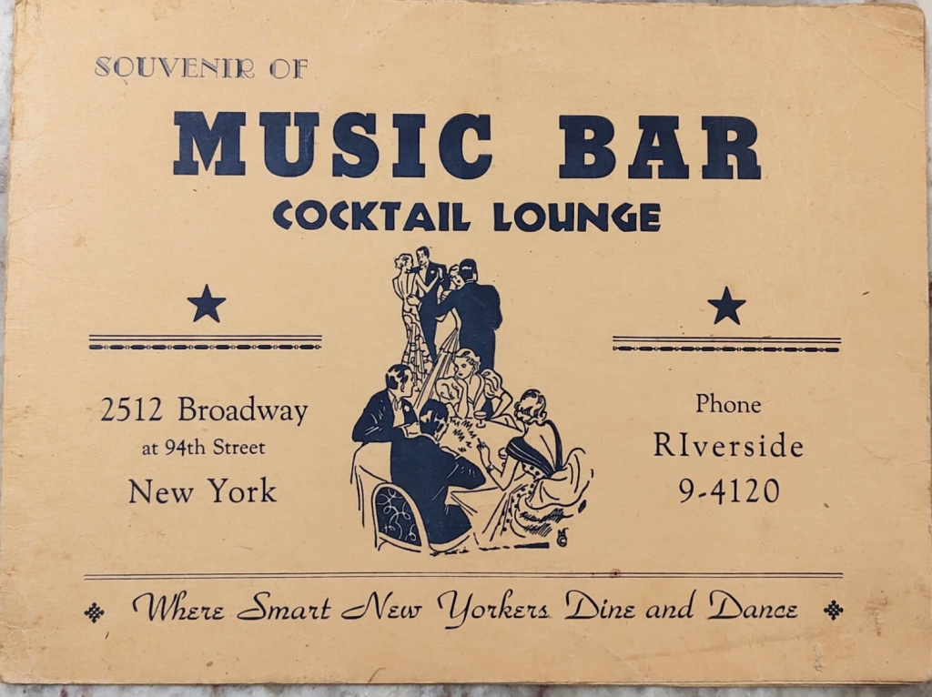 1940s souvenir photo cover of Music Bar Cocktail Lounge in New York City featuring an illustration of people in evening gowns and tuxedos dancing and talking. 