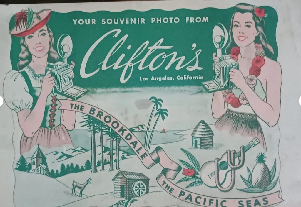 1940s promotional leaflet for 'Clifton's Cafeteria' in Los Angeles, California featuring the famous "camera girls" in the cover illustration. These women were in charge of capturing the fun time's guests had at Clifton's. 