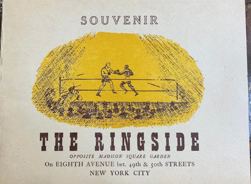 1940s vintage souvenir photo cover for 'The Ringside' restaurant opposite Madison Square Garden. The illustration on the cover features a boxing ring.