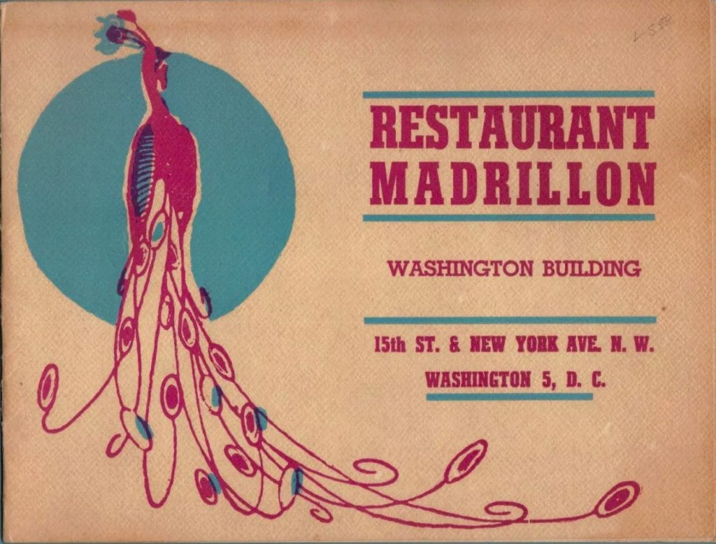 1940s souvenir photo cover for 'Restaurant Madrillon' in the Washington Building in Washington D.C featuring an illustration of a peacock